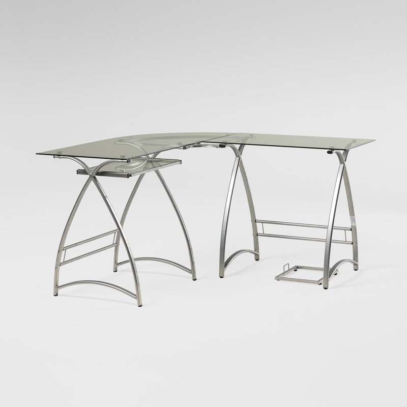 L-Shaped Glass Top Metal Base Computer Desk, Silver / Clear Glass