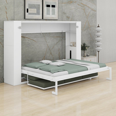 Le lit escamotable avec canapé combine des étagères de rangement et des ports USB de chargement dans un design moderne et épuré.