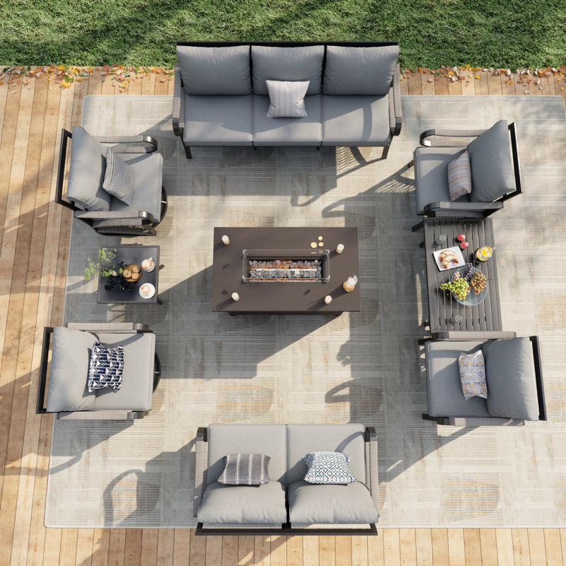 Metal 9 - Person Outdoor Seating Group With Fire Pit And Gray Cushions (Throw Pillow Not Included), Gray
