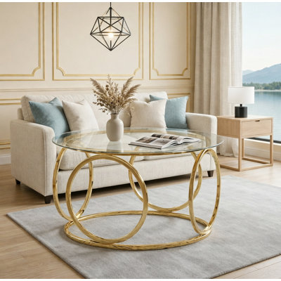 Modern Round Glass Top Coffee Table With Circular Metal Frame For Living Room, Office, And Lounge