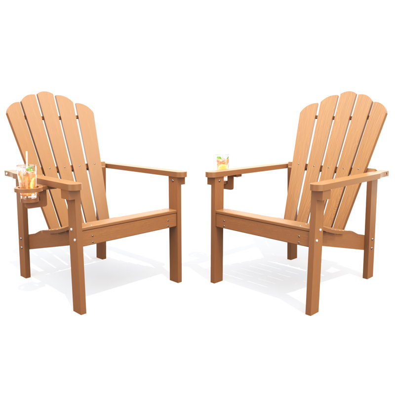 Dareona Set of 2 HDPE Stackable Adirondack Chairs with Cup Holders, All-Weather Outdoor Patio Chairs, Teak, 2