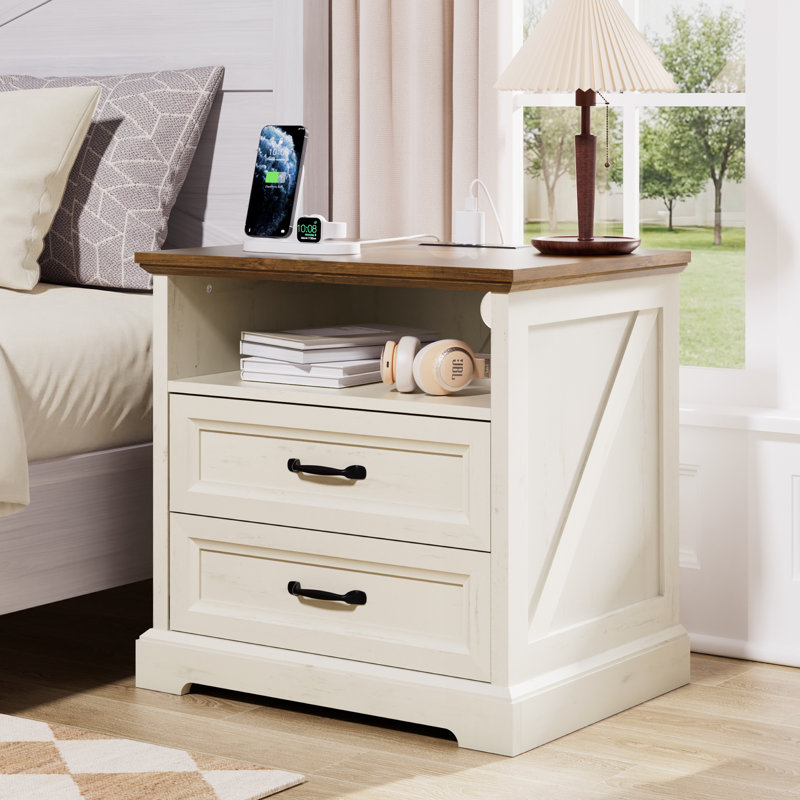 2-Drawer Farmhouse Nightstand With Power Outlet
