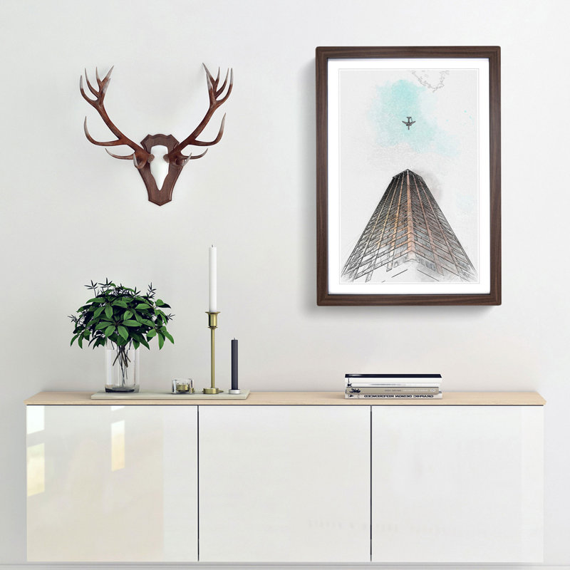 Airplane Flying Above Tokyo in Abstract - Picture Frame Graphic Art Print, 65cm H x 48cm W x 2cm D, Walnut Framed