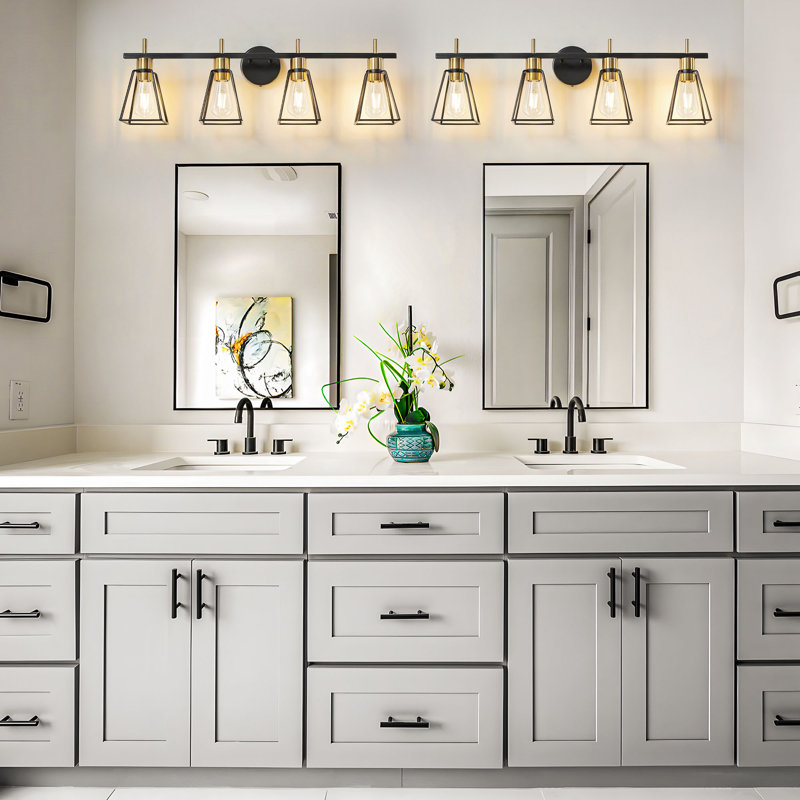 4-Light Mid-Century Bathroom Vanity Light Fixture, Black/Gold