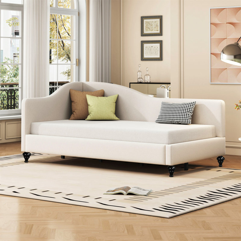 Twin Size L-Shaped Linen Daybed With Solid Wood Legs, Combining Modern Design And Comfortable Seating For Any Room, Beige