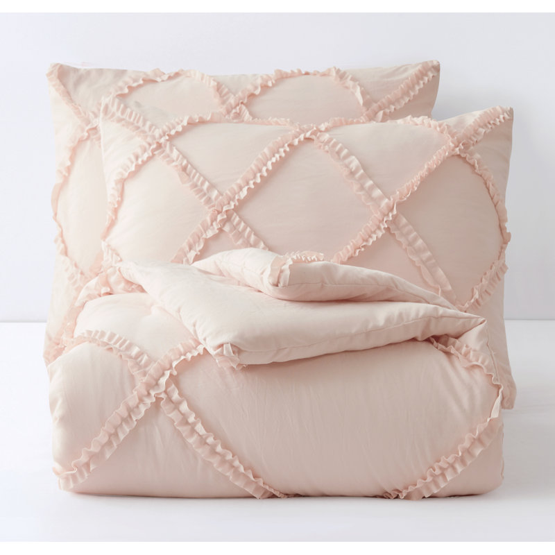 Vivian Soft Washed Microfiber Ruffle Comforter Set, King Comforter + 2 KingShams, Blush
