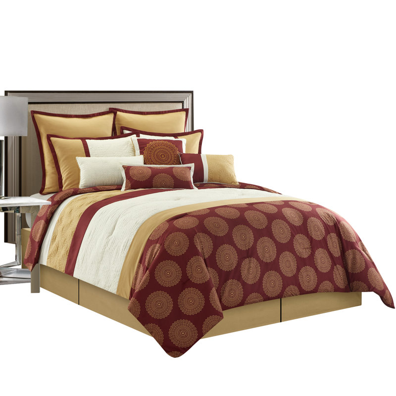 Angellyna 10 Piece Medallion Print Comforter Set, King, Burgundy