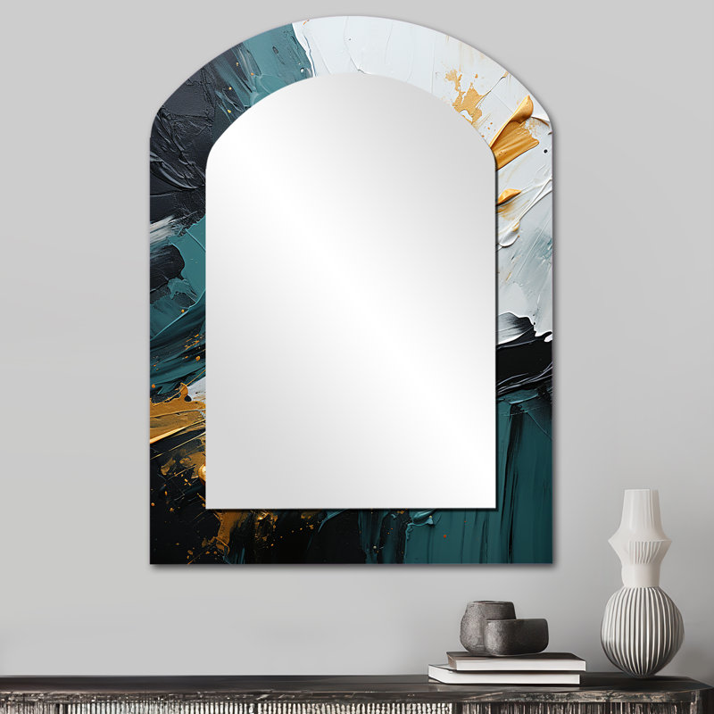 Or et vert cascade de marbre blanc VI - peinture abstraite arche miroir décoratif, miroir mural asymétrique doré, impression d'art