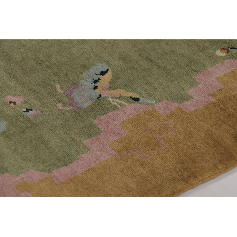 Rug & Kilim’S Chinese Art Deco Rug, Green With Cherry Blossom Florals, Rectangle 5' x 7'