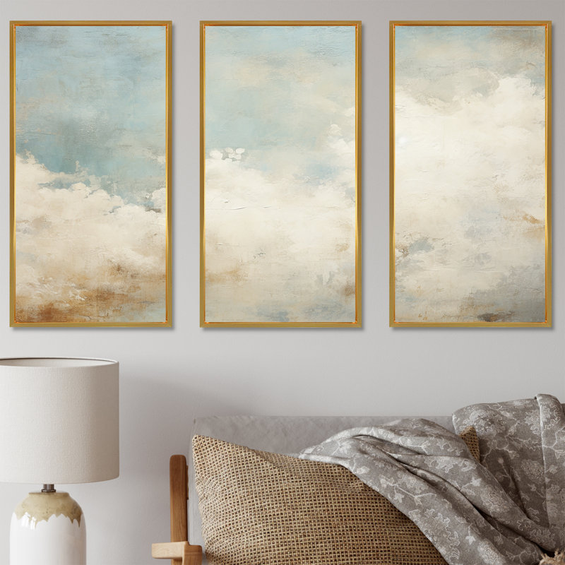 «Beige minimalisme», ensemble de reproduction d'art mural nuages, Cadre flottant doré, H 40 po x l 60 po x P 1 po
