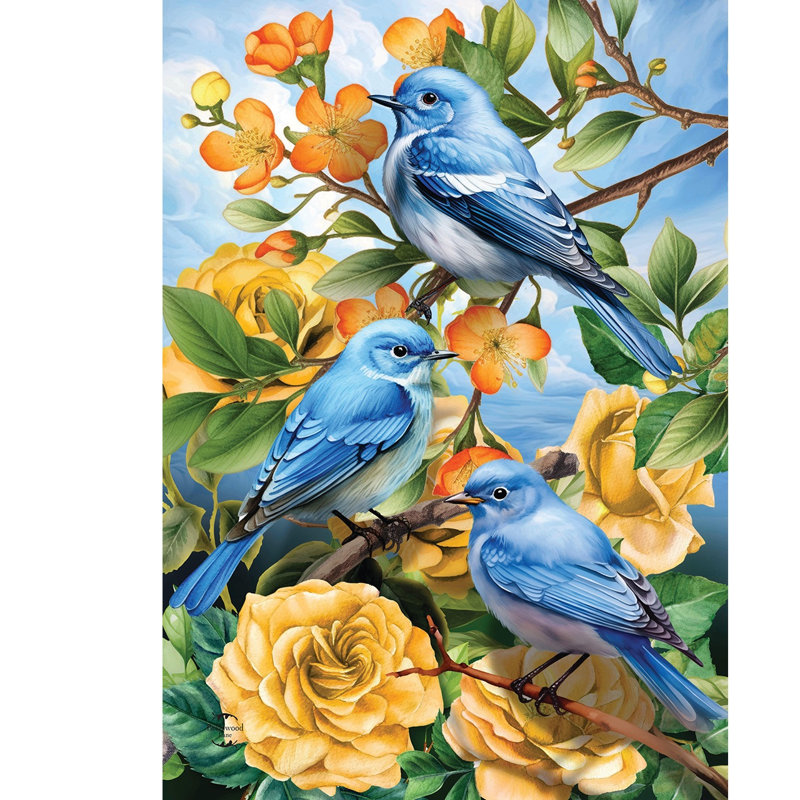 Drapeau de jardin Bluebirds and Roses, Oiseaux jaunes/bleus/verts