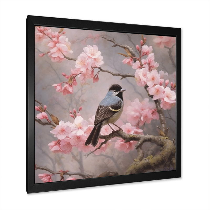 «Bluebird On Blossom Cherry I» sur toile, H 16 po x l 16 po x P 1 po, Cadre simple noir