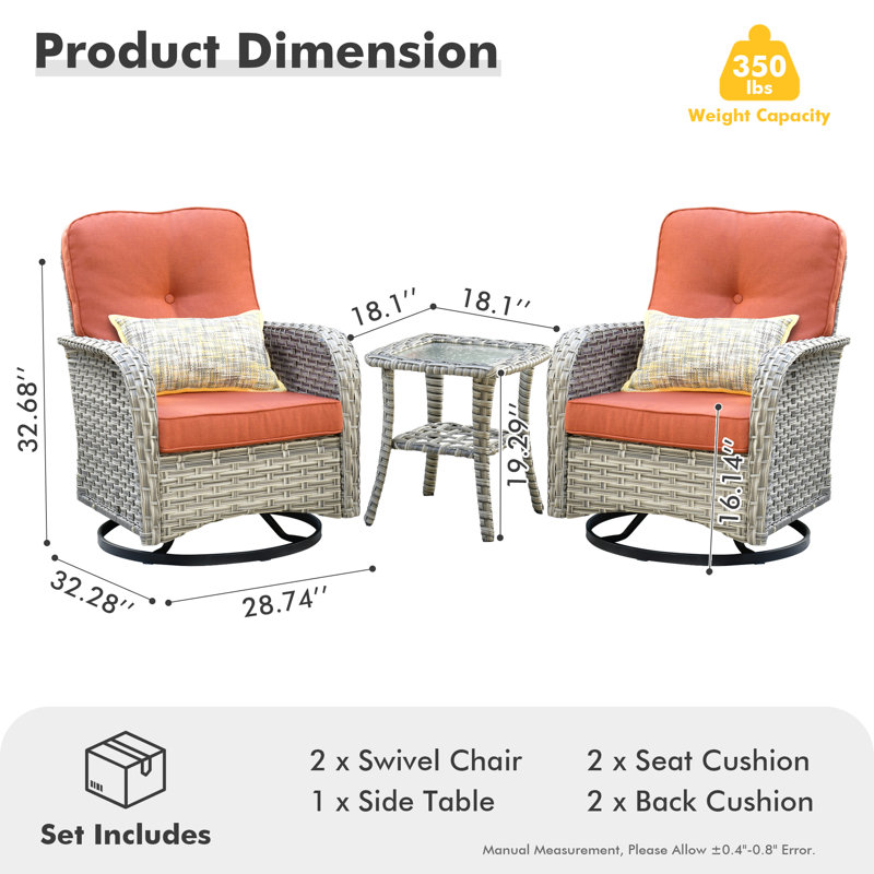 Heshum 3 Piece Rattan Seating Group With Cushions, Bold Striped Orange Red