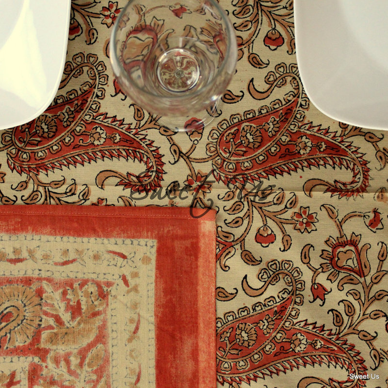 Barham Cotton Paisley Floral Hand Block Printed Tablecloth, 104" L x 88" W, Pink Orange