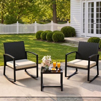  Rocking Bistro Set - Reinforced Steel Frame - 3 Pieces Patio Furniture Set,Outdoor Rattan Conversation Set with Tempered Glass Table, All-Weather Wicker Chairs for Garden Yard Balcony Beige