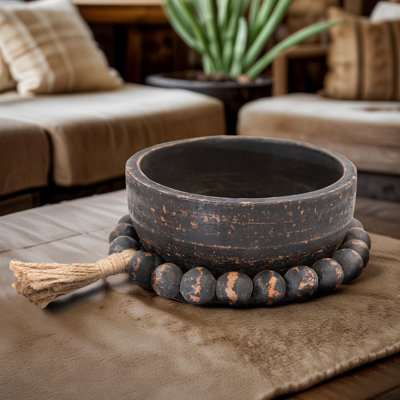 Black Clay Bowl with Decorative Rosary Beads