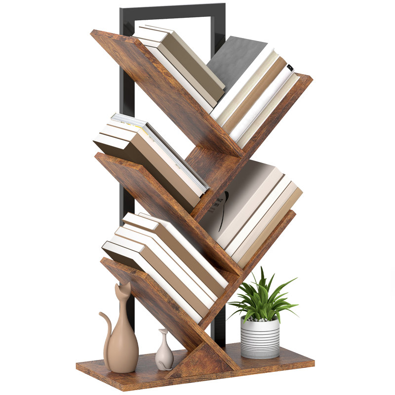 HOMCOM Tree Bookshelf Industrial Bookcase Steel Frame, (5 Shelves) 82cmH x 50cmW x 24cmD, Rustic Brown