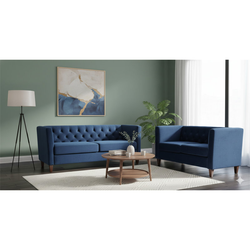 Canapé 3 places en velours capitonné, Polyester bleu foncé