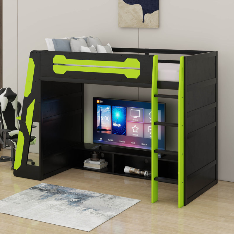 Twin Size Loft Bed With Desk And RGB Light, Green