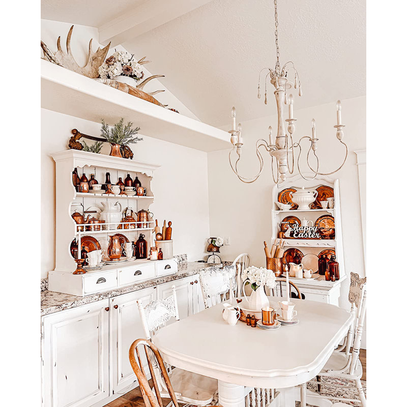 Lustre 6 lumières style français Bourassa 33, hauteur réglable, finition bois blanc délavé