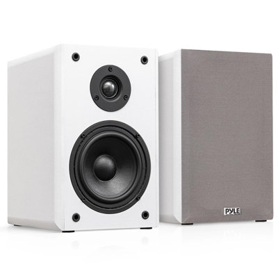 Enceintes de bibliothèque Pyle 6,5 po, paire de haut-parleurs de bibliothèque câblés avec supports muraux, cinéma maison Hifi 2 voies avec cône en papier, tweeter à dôme souple, conception compacte, 11,5 po x 7,5 po x 9,5 po, blanc