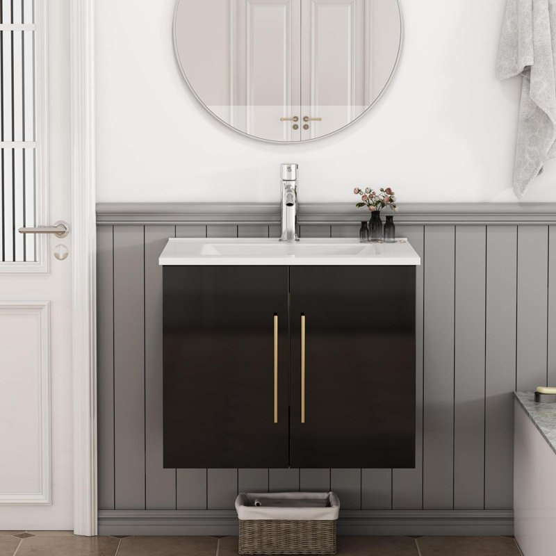 Meuble-lavabo mural double avec lavabo en céramique, Noir