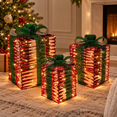 14" H Set of 3 Lighted Christmas Gift Boxes with 150 Warm White LED Lights, Red & Green Plug-In Pre-Lit Present Decorations for Indoor Holiday Display