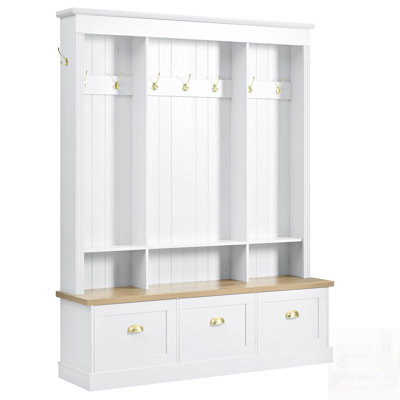 Elegant APP Controlled LED Light Hall Tree With 9 Hooks, Roman Column Design, 3 Large Cabinets, And Storage Bench