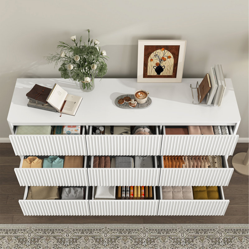 Commode 9 tiroirs pour chambre à coucher avec grands tiroirs, commode en bois, grande commode de plancher, meuble télé long et moderne, table d'appoint avec rangement Mid-Century, blanc