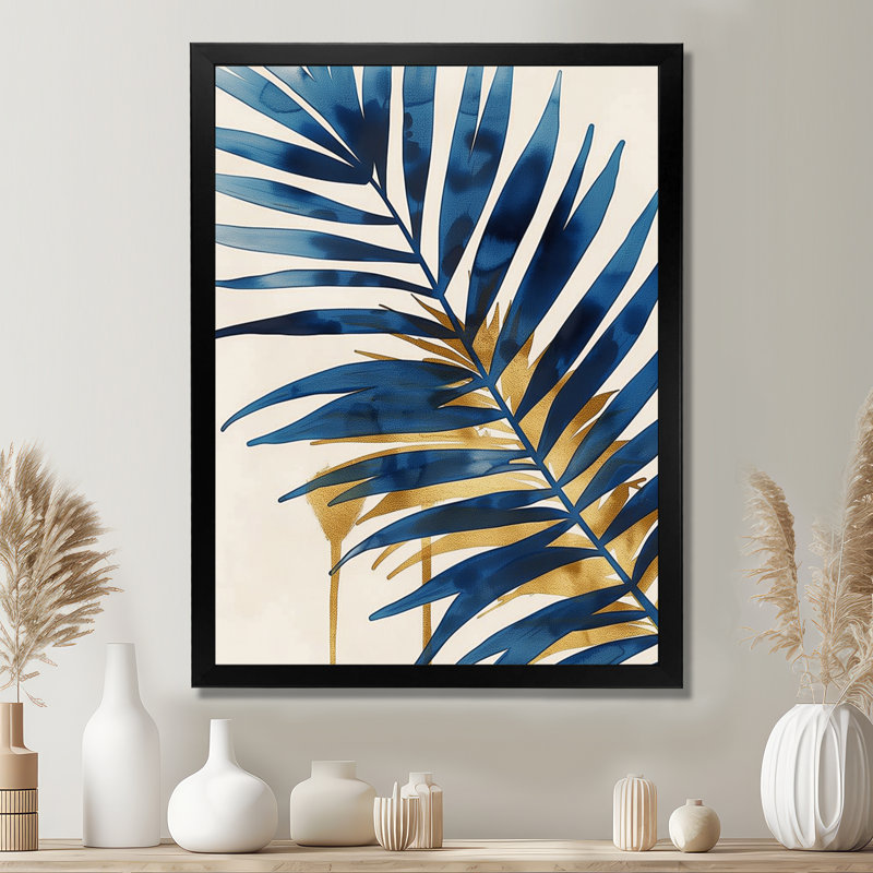 «Blue and Gold Palm Tree Leaves I» - impression d'art mural palmiers et palmiers, Cadre simple noir, bois massif