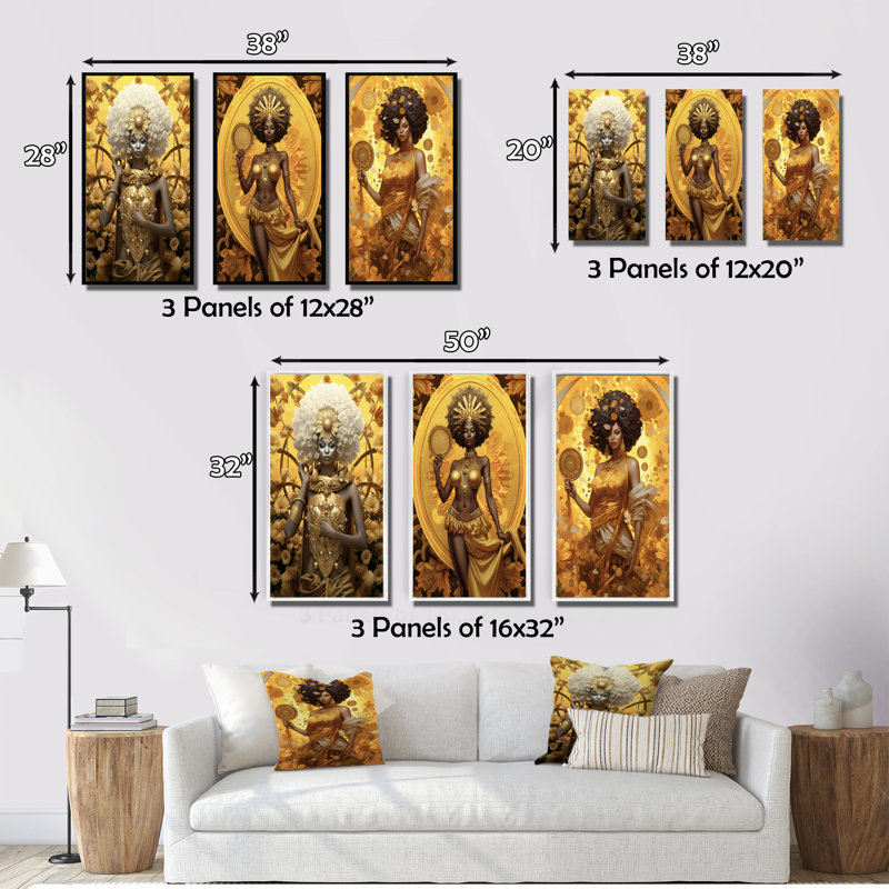 «African Floral Gorgeous Golden Goddess», 3 pièces, Cadre flottant blanc, H 20 po x l 36 po