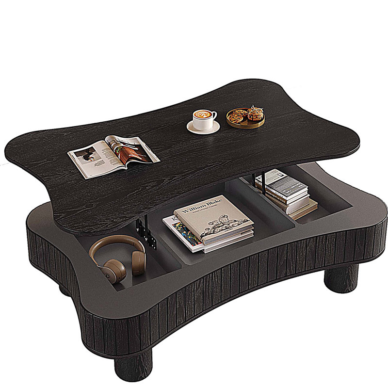 Table basse à plateau relevable avec rangement à panneau cannelé, Noir