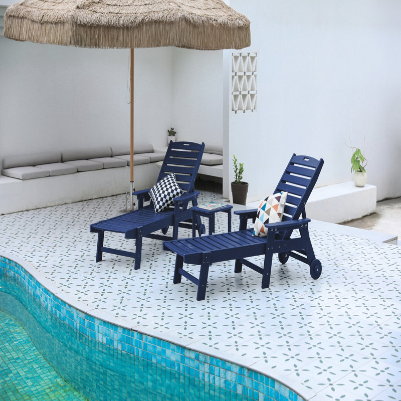 3-Piece Oversized Chaise Lounge Chair Set With Wood Texture, Navy Blue, 5 Adjustable Positions, And Wheels For All-Weather Outdoor Relaxation