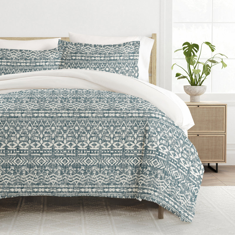 Super Soft Microfiber Duvet Cover Set, Blue/White Geometric Shapes, Queen Duvet Cover + 2 Shams