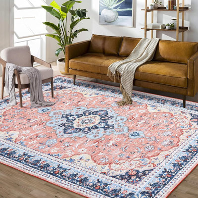 Washable Area Rug for Living Room, Bedroom, Dining, Vintage, Non-Slip, Stain-Resistant