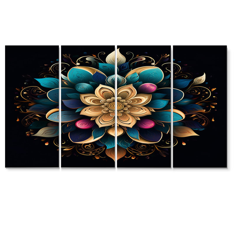 «Turquoise Gold Flower - Boho Mandala», ensemble d'art mural 4 pièces, H 28 po x l 48 po