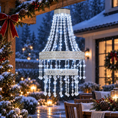Lustre solaire 32 po pour l'extérieur, lumières de jardin solaires suspendues en cristal, lumière solaire imperméable IP44