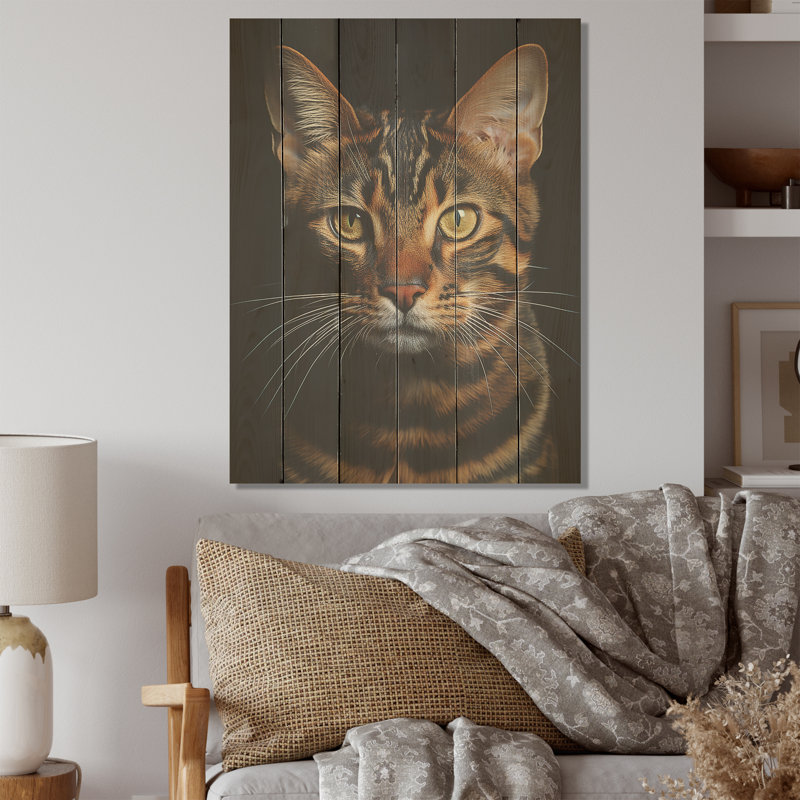 Portrait de chat tigresse Toyger - art mural en bois sur bois de pin naturel, H 40 po x l 30 po