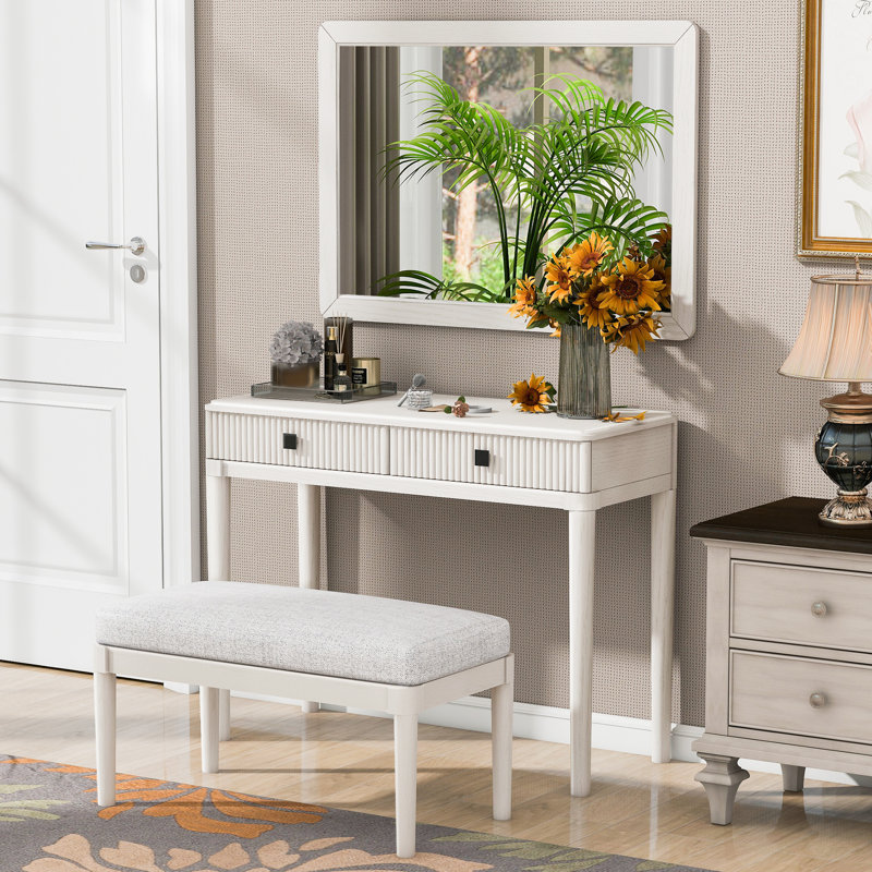 Coiffeuse à maquillage multi-usages avec miroir, tiroirs et tabouret rembourré Sam