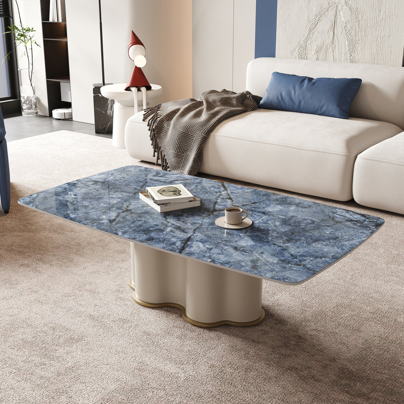 Table basse 51 po en faux marbre bleu, table basse rectangulaire avec base en acier inoxydable