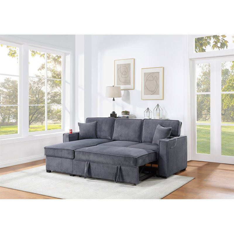 Convertible Sectional Dark Gray Color Corduroy Reversible Chaise W Storage And Sofa Pull Out Bed Pillows Living Room 2Pc Set