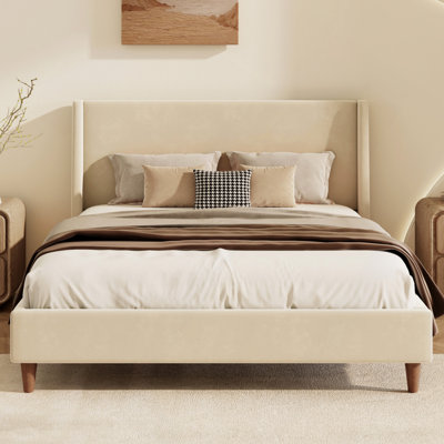 Modern Velvet Upholstered Platform Bed With Wingback Headboard And Walnut Wooden Legs, No Box Spring Needed