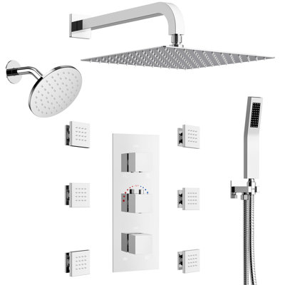 Thermostatic Dual Showerheads System, Wall Mount 12" High-Pressure Rainfall Shower Faucet with Handheld Spray and Body Jet