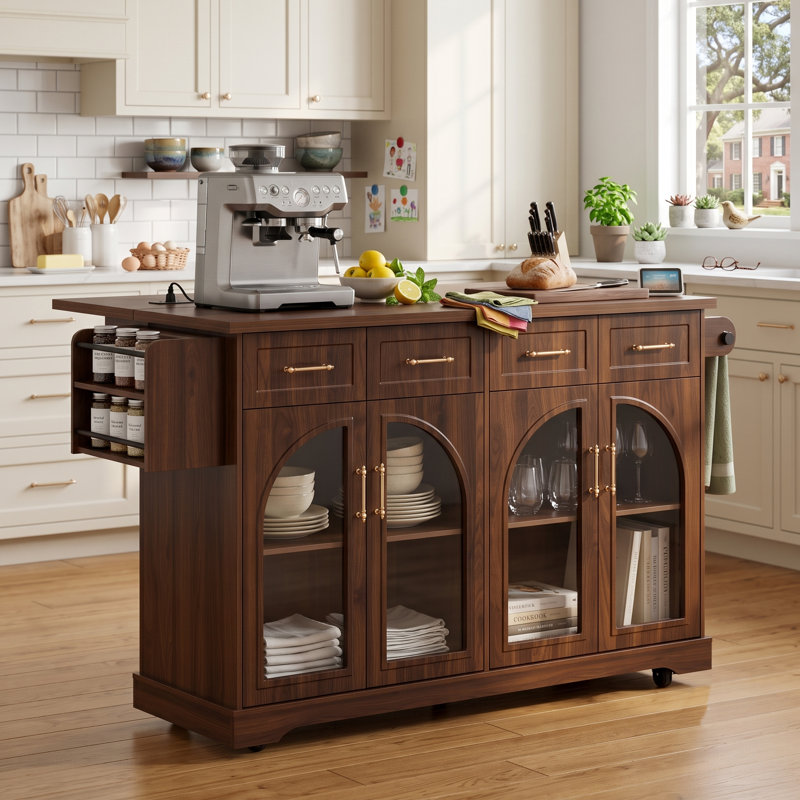 Large Rolling Kitchen Island with Storage & Drop Leaf, Arched Glass Door and Power Outlet, Walnut Brown