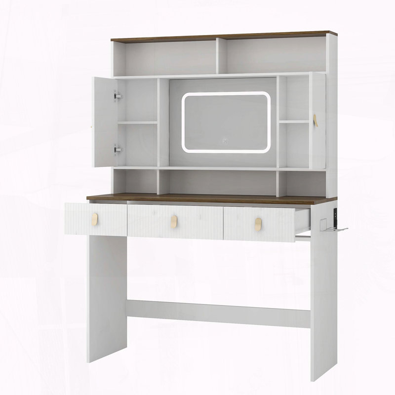 Farmhouse Dressing Table with Lighted Mirror and Storage
