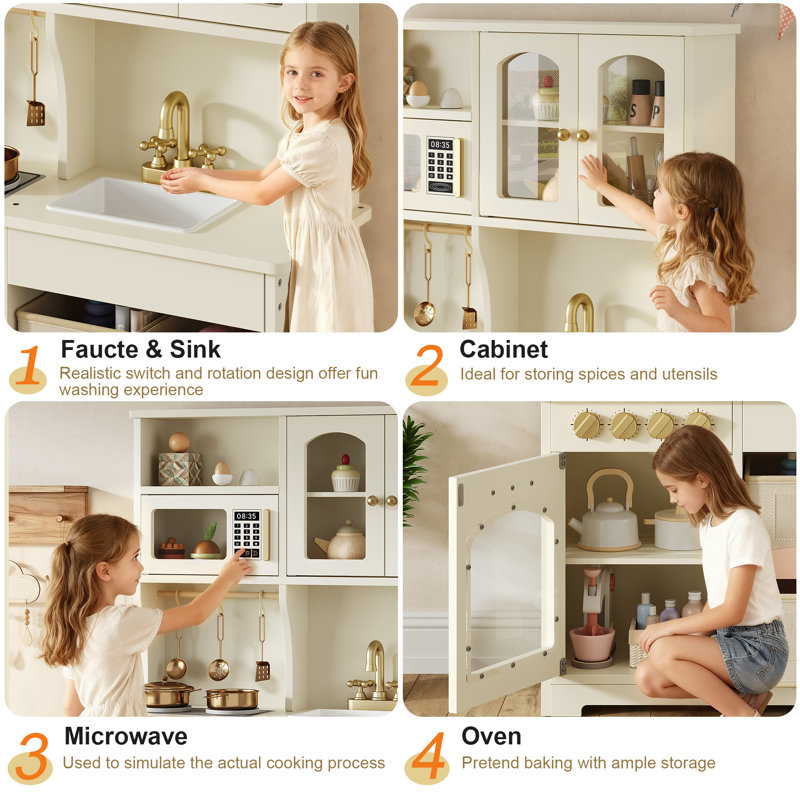 Knoworld Wood Play Kitchen for Kids - Pretend Set with Storage, Stove, Oven, Storage & Accessories, White, White