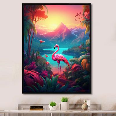 Pink Flamingo In Tropical Landscape - Flamingo Wall Art