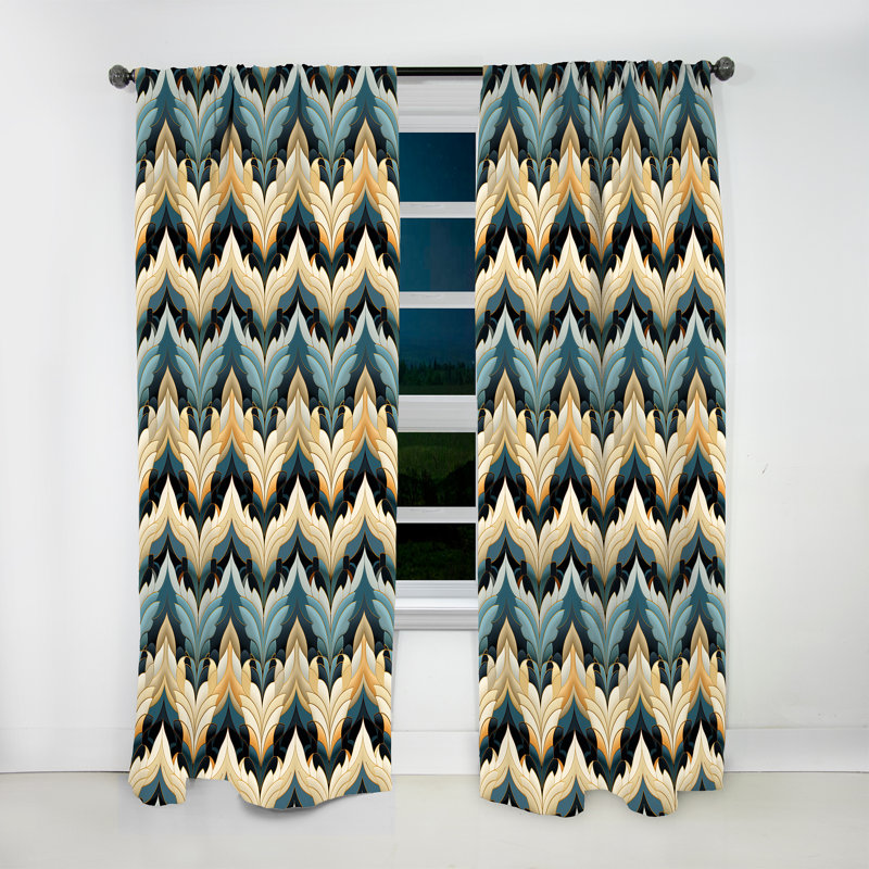 Rideau obscurcissant à motif de chevrons beige et bleu avec élégance victorienne 1 panneaux, L 52 po x L 84 po