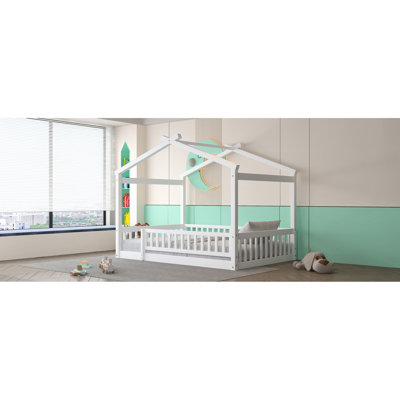 White Bed Frame With Fence For And Teens - Pine, Full Size, Enhances Sleeping Experience Bedroom Comfort Size Wood House & Pine Construction, White, Creates Playful Area