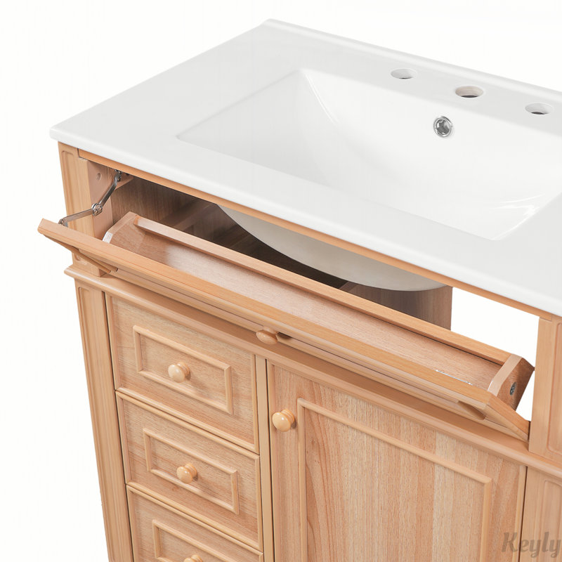 Meuble-lavabo de 30 po avec lavabo, armoire en bois, tiroir rabattable, portes à fermeture en douceur, poignées élégantes, panneau de fibres à densité moyenne durable et bois massif